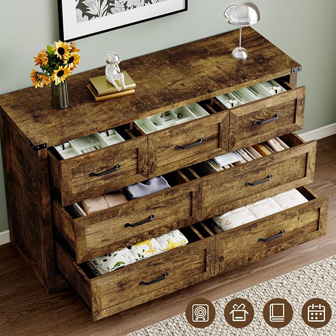 BORNOON 7-Drawer Dresser for Bedroom, Modern Wooden Chest of Drawers with Metal Handles, Anti-Tipping Design, Sturdy and Stable Storage Organizer for Living Room, Entryway, Home Office