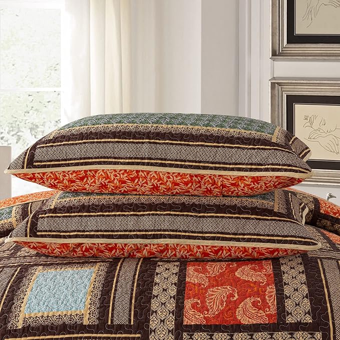 Cotton Patchwork Bedspread, 3-Piece Bedding Quilt Set with Real Stitched Embroidery, Reversible Matelasse Bed Coverlet Set,Bohemian Farmhouse,Queen Size