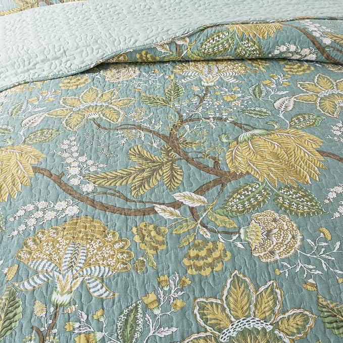 Cotton Bedspread Quilt Sets-Reversible Patchwork Coverlet Set, Green Floral Pattern, Queen Size