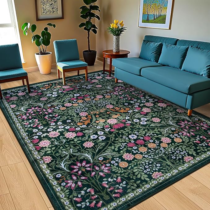 PLHXFR Area Rug 10x14 Living Room: Floral Washable Boho Carpet Dark Green | For Bedroom Dining Room Farmhouse Nursery Hallway,Vintage Floral,Machine washable,Non Slip,Stain Resistant,Large Indoor