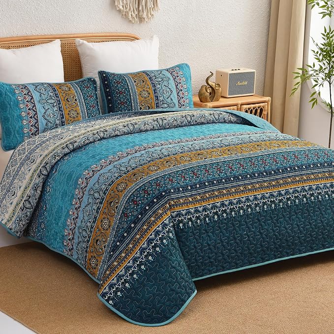 WONGS BEDDING Bohemian Queen Size,3 Pieces Soft Blue Bedspread Set | Boho Striped Printed Quilts Bedspread Set for All Seasons, Lightweight Microfiber Coverlet Set with Shams(96"x90")