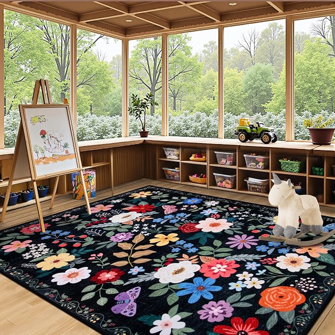PLHXFR Area Rug Living Room: 4x6 Floral Washable Boho Soft Carpet Black | For Bedroom Dining Room Farmhouse Nursery Hallway,Vintage Floral,Machine washable,Non Slip,Stain Resistant,Large Indoor
