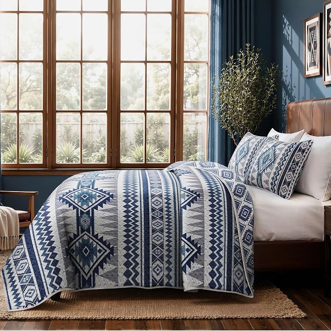 akkialla Reversible Blue Boho Queen Quilt Set, 2-Piece Bohemian Aztec Microfiber Bedspread, Soft Lightweight All-Season Coverlet (1 Quilt, 2 Shams)