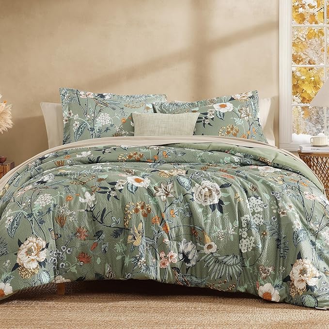 King Size Comforter Set-7 Pieces Floral Green Bed in a Bag King Bedding Set | All Season Botanical Texture Flowers Comforter Set with Sheets, Pillowcases & Shams