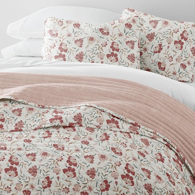 Merit Linens 3 Piece Quilt Set - Super Soft - Lightweight - All Season Quilted Coverlet - Timeless Patterns - Full/Queen Rose