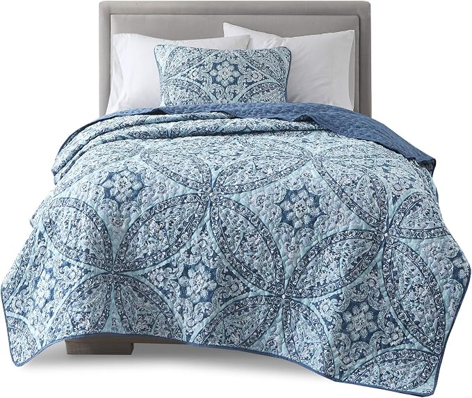 Comfort Spaces Gloria Boho Twin XL Quilt Set 2 Piece for Summer Aqua | Reversible Coverlet Bedspread, Soft All Season, Medallion Pattern, Winter Layer with Shams Modern Lightweight, Cozy Comfort