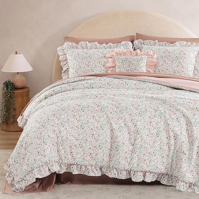 Queen Comforter Set-7 Pieces Floral Ruffle Bedding Set | Pink Ditzy Bed in a Bag, Soft Lightweight All Season Farmhouse Queen Bedding Sets with Sheets, Pillowcases & Shams
