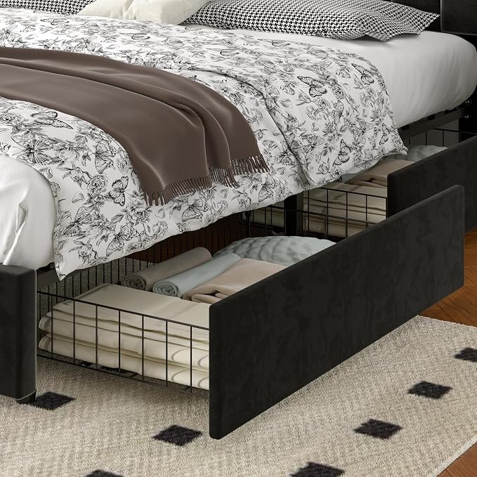 VECELO Full Size Upholstered Bed Frame with 4 Drawers and Headboard, Velvet Platform Storage Bedframe, Wooden Slats Support, No Box Spring Needed,Black