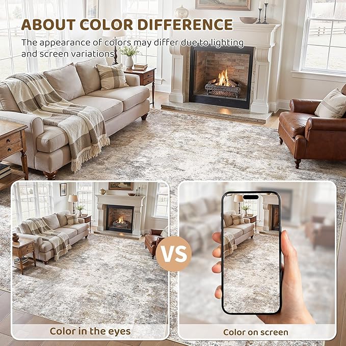 UERMEI 10x14 Area Rug Living Room Rugs Washable Neutral Brown Grey Carpet | Modern Abstract Non-Slip Soft Large Low Pile Floor Rugs for Bedroom Dining Room Home Office Indoor Decor