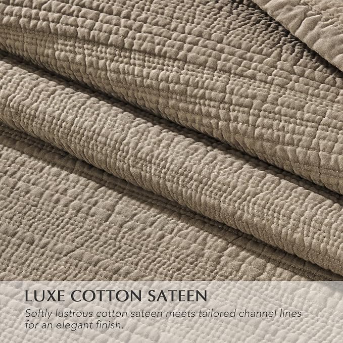 EVERGRACEHOME Cotton Sateen Channel Quilt Set, King Size, Stone Taupe | 100% Cotton, Pre-Washed Soft Coverlet Bedspread, 3-Piece Refined Channel Stitch Bedding Set for All Season, 2 Pillow Shams