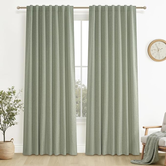 Sage Green Blackout Linen Curtains 105 Inches Long for Living Room Bedroom, Pleated Window Track Curtain with Pin Hooks Belt Boho Light Green Drapes Thermal Insulated (50"Wx105"Lx2Panels) Back Tab