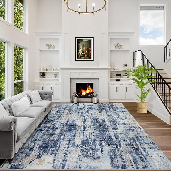 9x12 Area Rugs for Living Room: Washable Abstract Blue Gold Badroom Carpet | Non-slip TPE backing makes this washable soft low-pile rug safe & durable, Pet-friendly decor for dining room,nursery,office