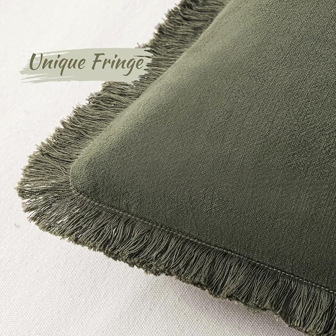 MIULEE Boho Linen Fringe Decorative Throw Pillow Covers Olive Green 20x20 | Set of 2, Cottagecore Decor, Boho Farmhouse Neutral Pillow Covers, Rustic Couch Cushion Cases for Sofa Bed Living Room