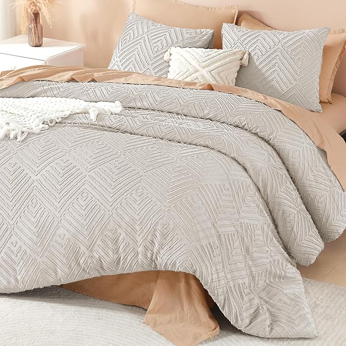 Litanika Super King Size Comforter Set, 3 Pcs Tufted Boho Bedding Set | Linen Grey Farmhouse Shabby Chic Vintage Bohemian Textured Aesthetic Soft Fluffy Lightweight Breathable All Season Bed Set