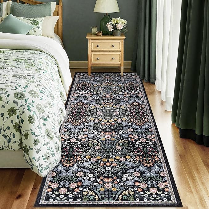 PLHXFR 2x6 Washable Runner Rug：Floral Indoor Kitchen Carpet Dark Black | For Hallway Bedroom Kitchen Laundry Bathroom Dorm,Vintage Floral,Machine washable,Non Slip,Stain Resistant,Indoor Floor