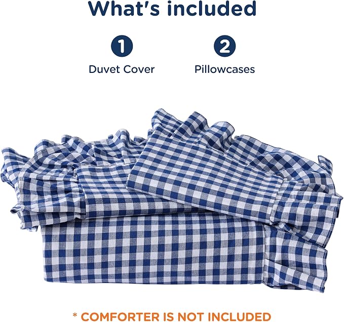 ATsense Navy Blue Gingham Ruffle Duvet Cover Set Cotton Like Linen, King | 100% Washed Cotton Linen-Like Feel Soft, Breathable & Comfy. Farmhouse Bedding Set with Zipper & 8 Ties. 3 Pcs, No Insert