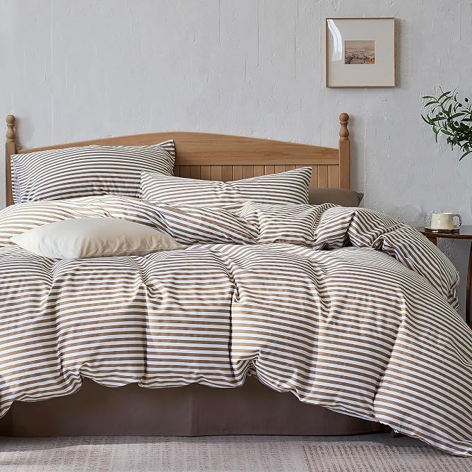 JELLYMONI 100% Cotton Printed Striped Twin Duvet Cover Set, Tan | Breathable and Soft, Classic Stripes, 8 Corner Ties & Double-Head Hidden Zipper, For Kids or Guest Bedroom