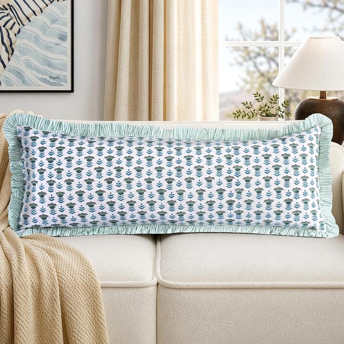 Ridhi Block Print Aquamarine Blue Ruffle Lumbar Pillow Shams, 36" x 14" | 100% cotton, Floral Pillowcase, Cushion Cover, Hidden Zipper, Cottagecore Bedding, farmhouse boho style, fits couch, sofa,Bed