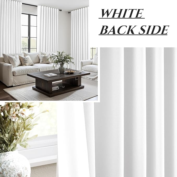 Pure White Blackout Curtains 60 Inches Extra Wide Modern Linen 84 Inch Length for Living Room, Boho Pleated Farmhouse Bedroom Large Window Thermal Heavy Drapes for Winter 60"W x 84"L 2 Panels