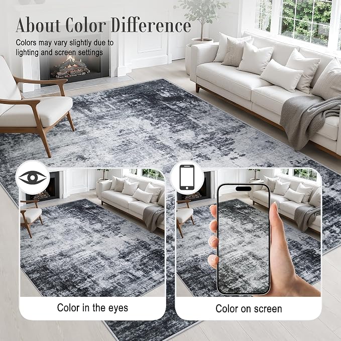 Area Rug Living Room: 3x5 Modern Washable Soft Carpet Dark Black | For Hallway, Bedroom, Kitchen, Laundry, Bathroom,Door Mat,Modern Abstract,Machine washable,Non-Slip,Stain Resistant,Indoor