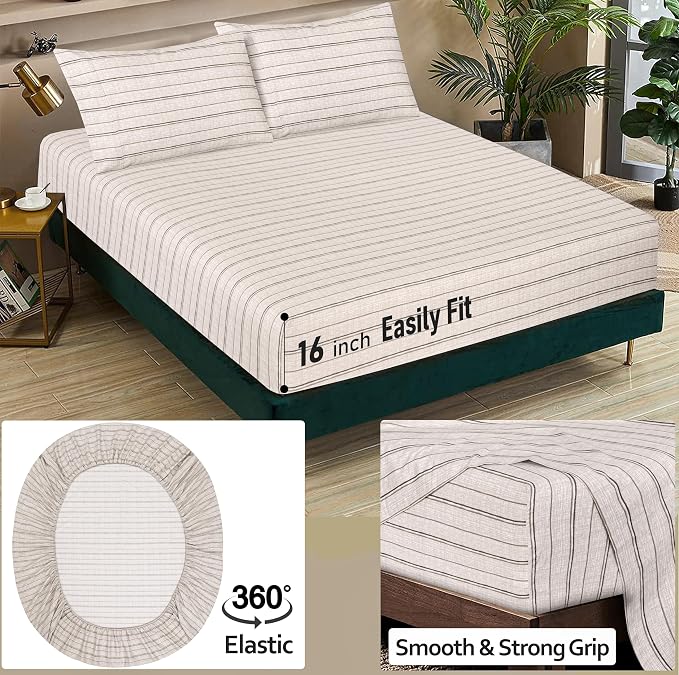 RUVANTI 100% Cotton Percale Sheets Twin XL, Brown Stripes | Crisp Cooling, Deep Pocket 16", Soft Breathable & Durable, Hotel-Style, 3 Piece Set