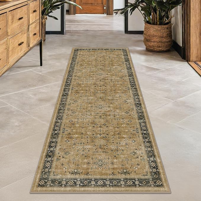 Vintage 2x8 Runner Rug for Hallway, Boho Long Runner Rug for Kitchen, Bathroom, Non-Slip Low-Pile Washable Stain Resistant, Rustic Brown and Charcoal Olive Earthy Décor
