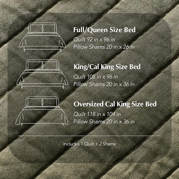 EVERGRACEHOME Cotton Sateen Quilt Set, Oversized Cal King, Olive Green | 100% Cotton, Channel Stitch Coverlet Bedspread, Pre-Washed Lightweight Soft Bedding Set for All Season, 3 Piece, with 2 Shams