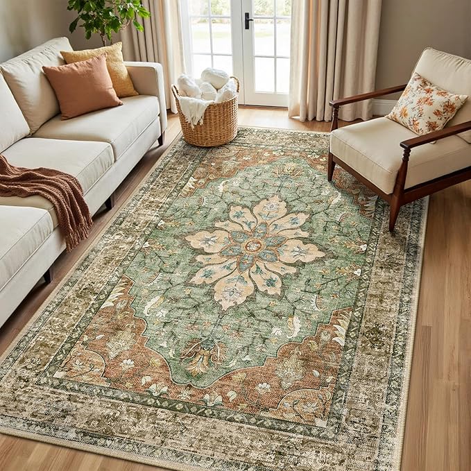 RELEANY Washable Area Rug, 5'x8', Brick/Brown/Green | Non-Slip, Water Repellent, Pet Friendly, Easy to Clean, Vintage Floral Boho Decor for Living Room Bedroom Dining Room Office