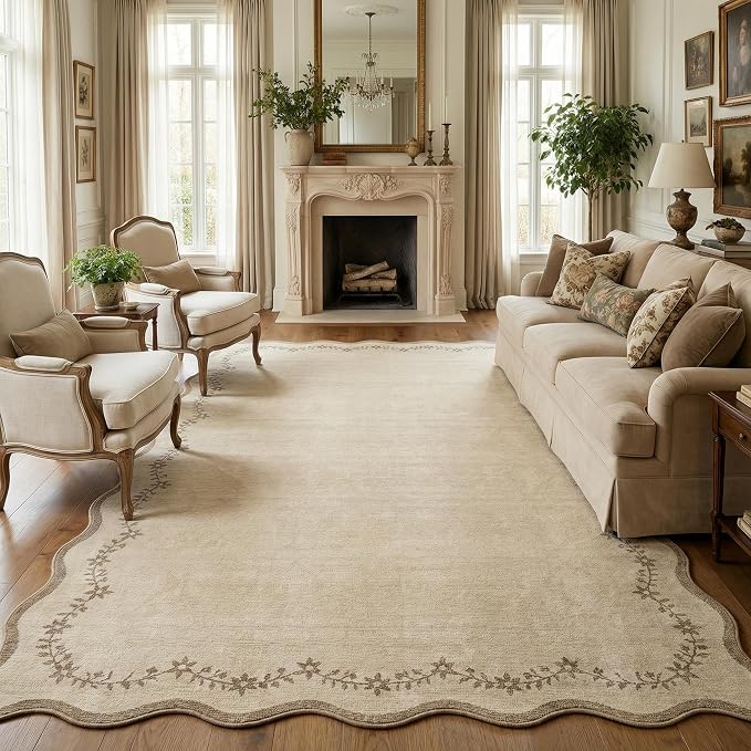 GarveeHome Scalloped Area Rugs 8x10 Large Jute Washable Living Room Rug | Soft Tan Floral Non Slip Backing Floor Mat Brown Carpet Indoor Thin Rug for Bedroom Dining Room Playroom Nursery Home Decor