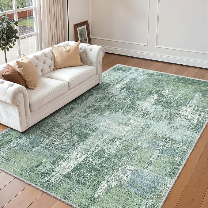 5x8 Area Rug, Abstract Washable Rugs for Living Room, Sage Green | Soft Thin & Lighweight, Folable, Stain Resistant Low Pile Non Slip Modern Distressed Carpet Rugs for Bedroom, Dining Room