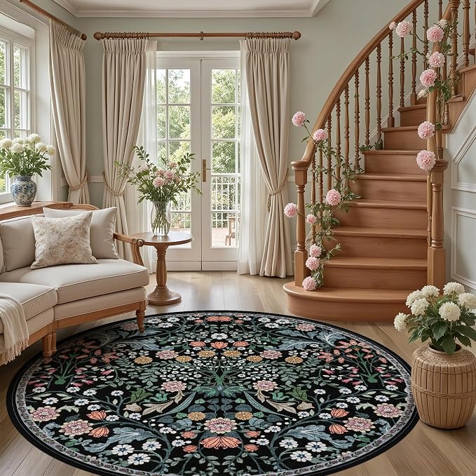 PLHXFR Round Area Rug Living Room: 8 ft Floral Washable Carpet Dark Black | For Bedroom Dining Room Farmhouse Nursery Hallway,Vintage Floral,Machine washable,Non Slip,Stain Resistant,Large Indoor