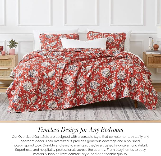 Southshore Fine Living, Inc. Oversized Quilt Bedding Set, 2-Piece Twin XL Coverlet with Matching Sham, Jacobean Willow Floral Coverlet, All Season Quilt Bedspread, Lightweight Twin Quilts, Red