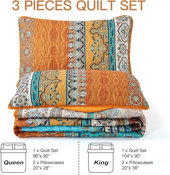 WONGS BEDDING Orange Quilt Queen Size, Boho Stripe Bedding Set, 96"x90" | Lightweight Soft Bedspread Coverlet,Modern Style Bohemian Pattern Bed Cover for All Seasons,3 Piece(1 Quilt,2 Pillow Shams)