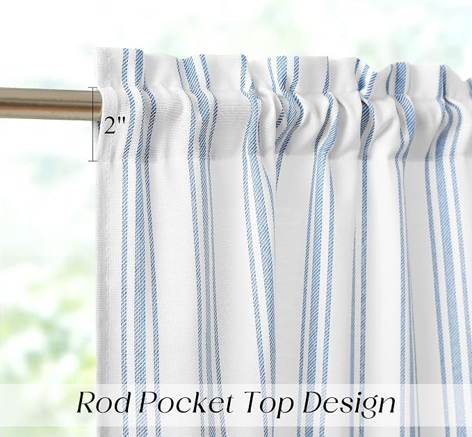 ZJDECOR Blue Stripe Cotton Blend Semi Sheer Tier Curtain Tiers,27" Wx30 Lx2 | Kitchen Curtains,Light Filtering,Rod Pocket,78%Polyester、22%Cotton,Cottage Farmhouse Style,Bathroom RV Window Treatment