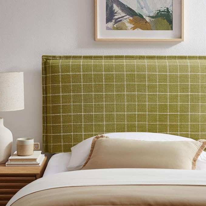 Modway Camille Twin Size Checkered Linen Blend Plaid Headboard with Removable Slipcover – in Artichoke Windowpane Check - Padded Pillow Style Headboard with Adjustable Mounting for Twin Beds