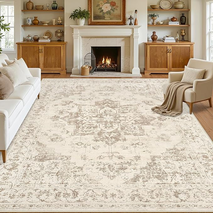 10x12 Area Rugs Living Room: Bedroom Washable Carpet Beige/Ivory | Large Vintage Boho Indoor Decor Neutral Soft Nursery Farmhouse Dining Room Office Floor Non-Slip Low Pile Under Table Rug