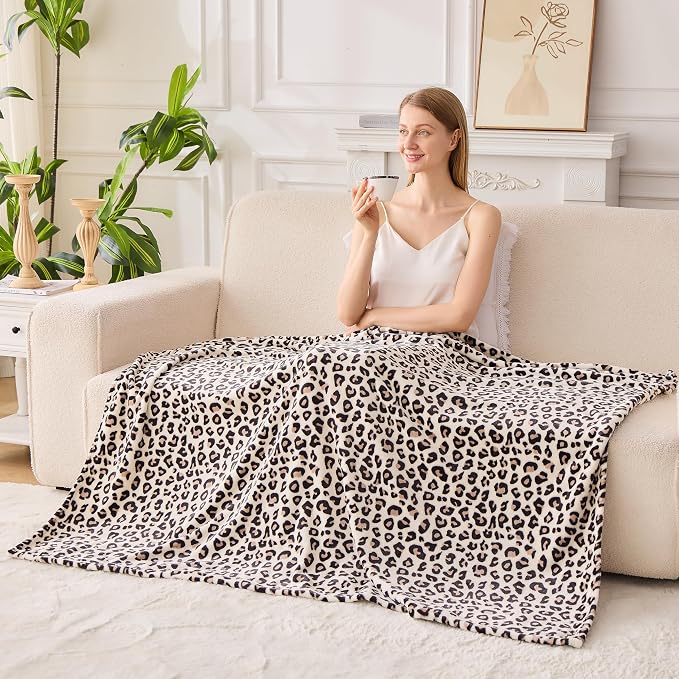 Edenleaf Leopard Print Blanket Fleece Throw for Bed Sofa Travel and Camping, Super Soft Cozy Fluffy Plush Cheetah Print Blanket for All Seasons 60"x80" (Cream)