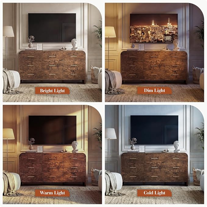 Curved 9-Drawer Dresser for Bedroom, 63" Wide Modern Chest of Drawers, Vanity Desk TV Stand for Living Room, Closet Storage Drawers Organizer Furniture, Nursery, Hallway, Dark Burl