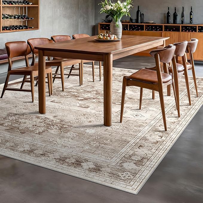 Washable Farmhouse Living Room Rug, 10x14 Area Rugs for Bedroom, Dining Room Under Table Carpet, Kids Room, Extra Large Boho Vintage Non-Slip Rugs Low Pile Stain Resistant (10x14 Beige/Latte)