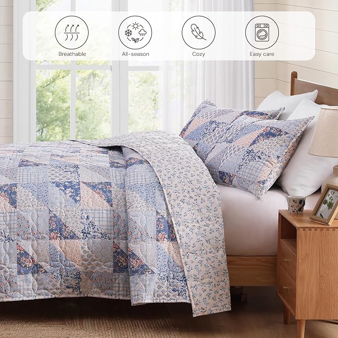 Twin/Twin XL Quilt Set-2 Pieces Soft Bedding Floral Patchwork Coverlet | All Seasons Lightweight Quilts Queen Size, 1 Quilt (66" x 92") and 1 Sham (20" x 26"), Reversible Bedspread, Blue Pink