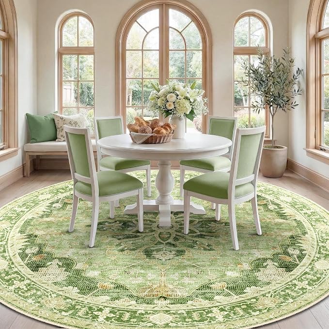 RELEANY Washable Area Rug, Round 10ft, Green/Yellow | Non-Slip, Water Repellent, Pet Friendly, Easy to Clean, Vintage Floral Boho Decor for Living Room Bedroom Dining Room