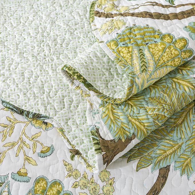 Cotton Bedspread Quilt Sets - Reversible Patchwork Coverlet Set, Floral Vine Pattern, Queen Size