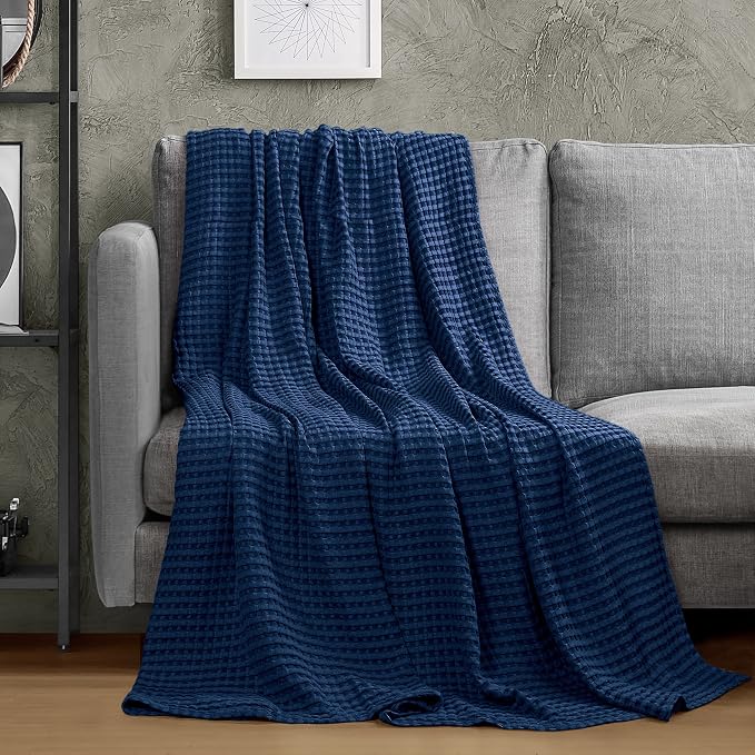 Utopia Bedding 100% Cotton Waffle Blanket Twin Size Navy, 90x72 Inch | Lightweight Breathable Cozy Summer Bed Blanket Home Decor Gift for Women and Men