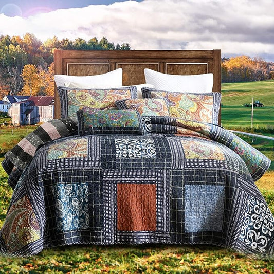 Cotton Patchwork Bedspread, 3-Piece Bedding Quilt Set with Real Stitched Embroidery, Reversible Matelasse Bed Coverlet Set,Vintage Flowery Grid,Queen Size