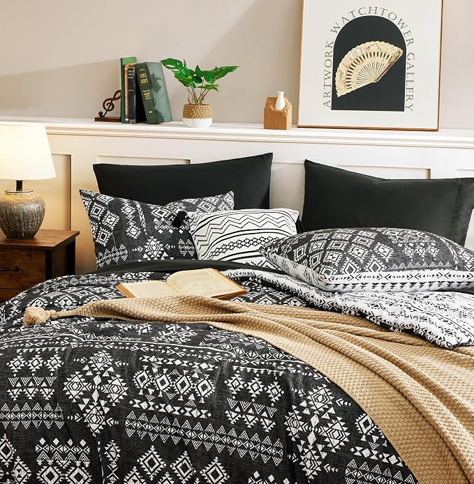 King Size Comforter Set - 7 Pieces Western Bedding Reversible Bed in a Bag | Boho Bedding, All Season Aztec Bed Set with Comforter, Sheets, Pillowcases & Shams, Grey and Black