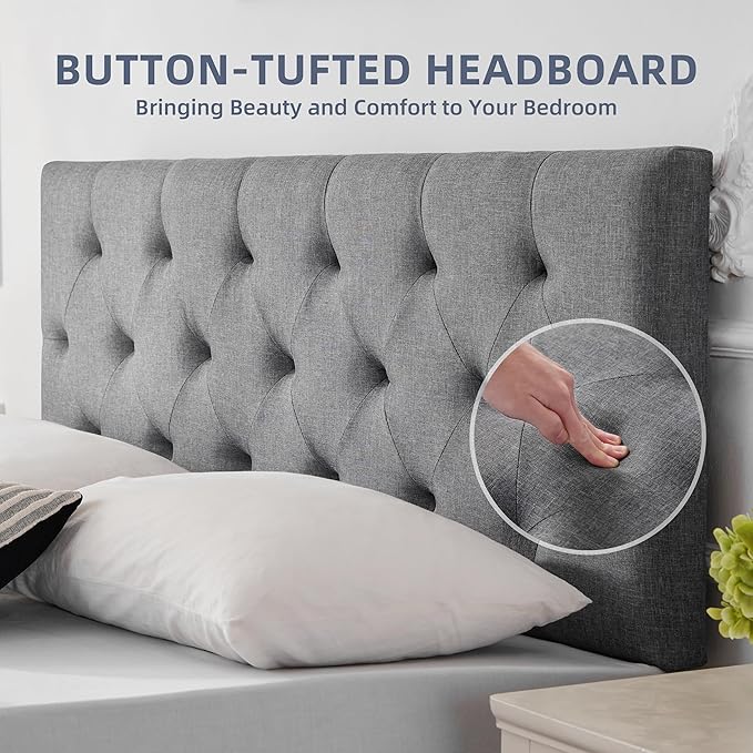 Linen Headboard Full Size, Adjustable Height Headboard 37-51 in, Light Gray | Diamond Tufting Solid Wood Full XL Headboards Only, Durable Metal Legs, Upholstered Full Head Board Bed Frame, Modern Fabric