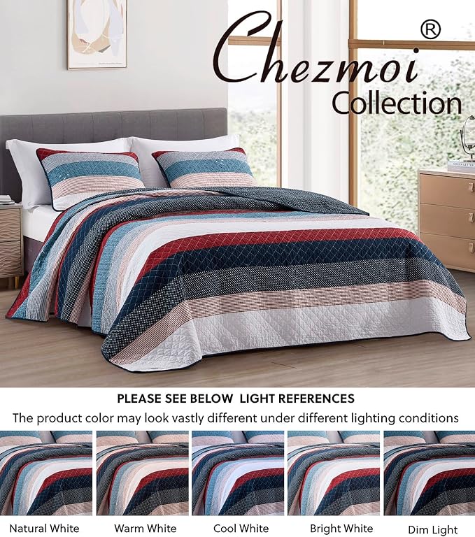 Chezmoi Collection Harlon 3-Piece Modern Patchwork Striped Quilt Set - Solid Polka Dot Candy Stripe Coverlet - Pre-Washed Cotton Lightweight Reversible Bedspread, King Size