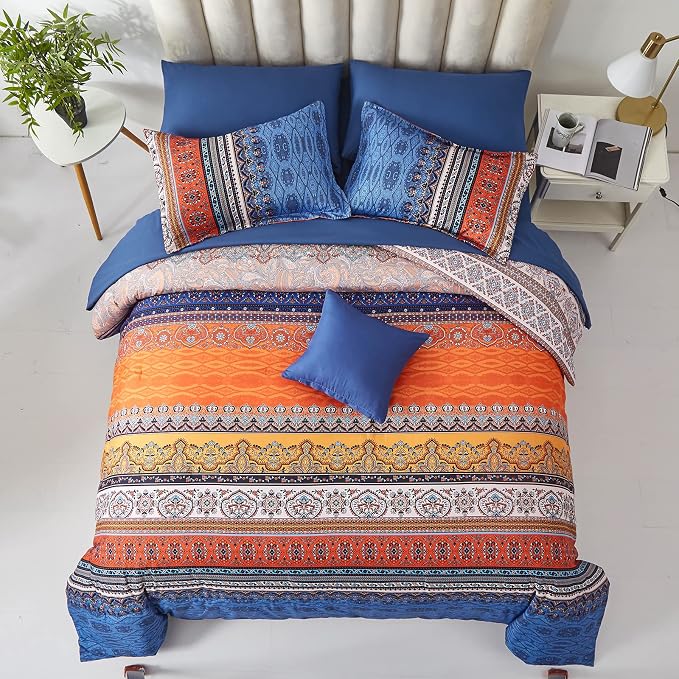 Cottolester Boho Comforter Set King Size 8 Piece Bed in a Bag Burnt Orange Paisley Fall Comforter and Sheet Set Bohemian Striped Bedding Set,Soft Microfiber Complete Bedding Set