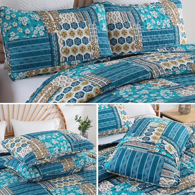 Mybedsoul Boho King Quilts, Patchwork Bedding Set, Dusty Blue | Soft Lightweight Microfiber Floral Coverlet Set, 3 Pieces Plaid Bedspread, Reversible Bed Sets for All Seasons 90"x110"