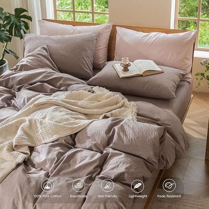 MooMee Duvet Cover Set 100% Washed Cotton Linen Like Twin | Relaxed Linen-like Texture. Soft, Breathable & Long-lasting Comfort. Lightweight. Hidden Zipper with 8 Interior Corner Ties